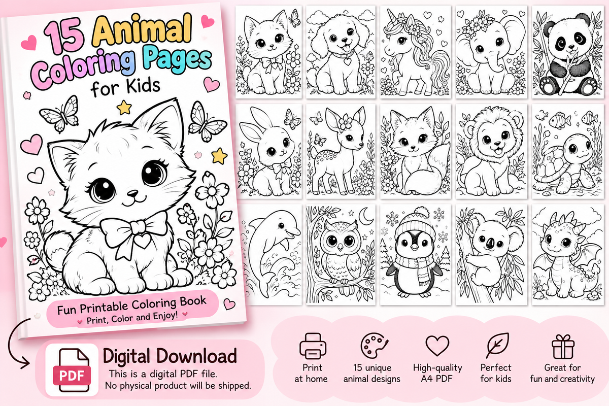 15 Animal Coloring Pages for Kids – Printable PDF
